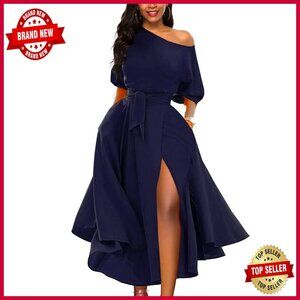 Elegant Off Shoulder Swing Dress Side Slit Belted Cocktail Party Wear Pockets